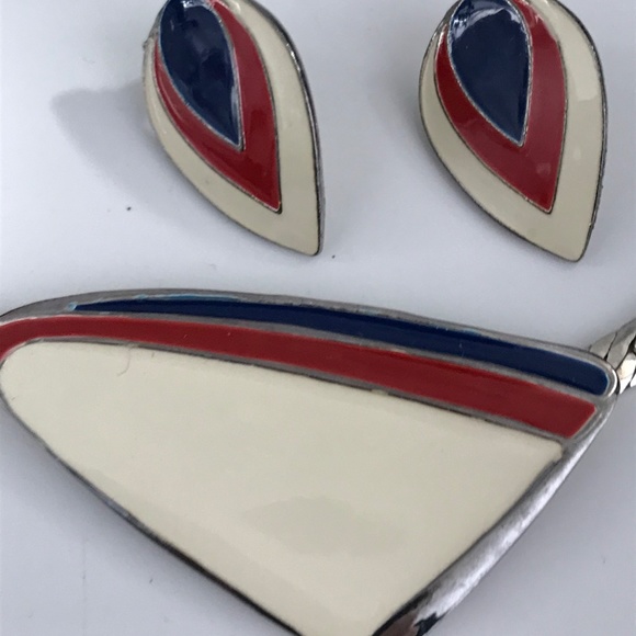 VINTAGE MCM MODERNIST ENAMEL JEWELRY SET SERPENTINE NECKLACE EARRINGS - Picture 6 of 10